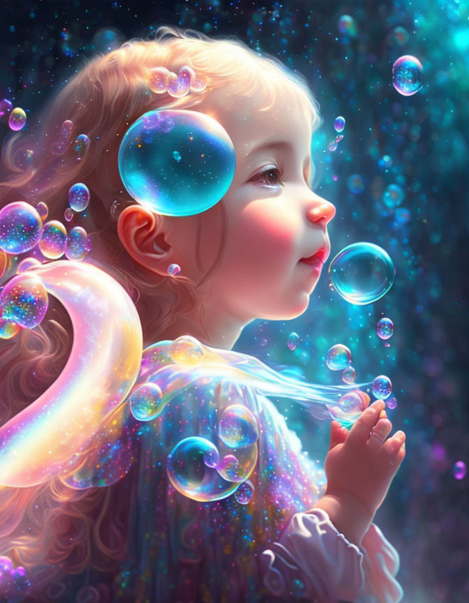 Curly-Haired Child Watching Iridescent Bubbles in Dreamy Blue Atmosphere