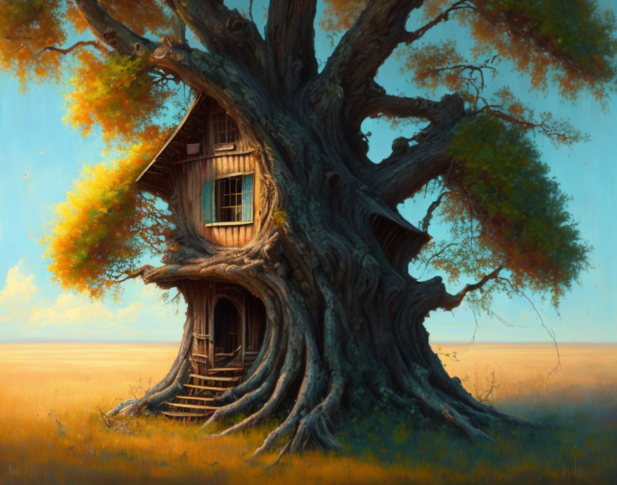 Landscape painting of a tree with house in sunlit meadow