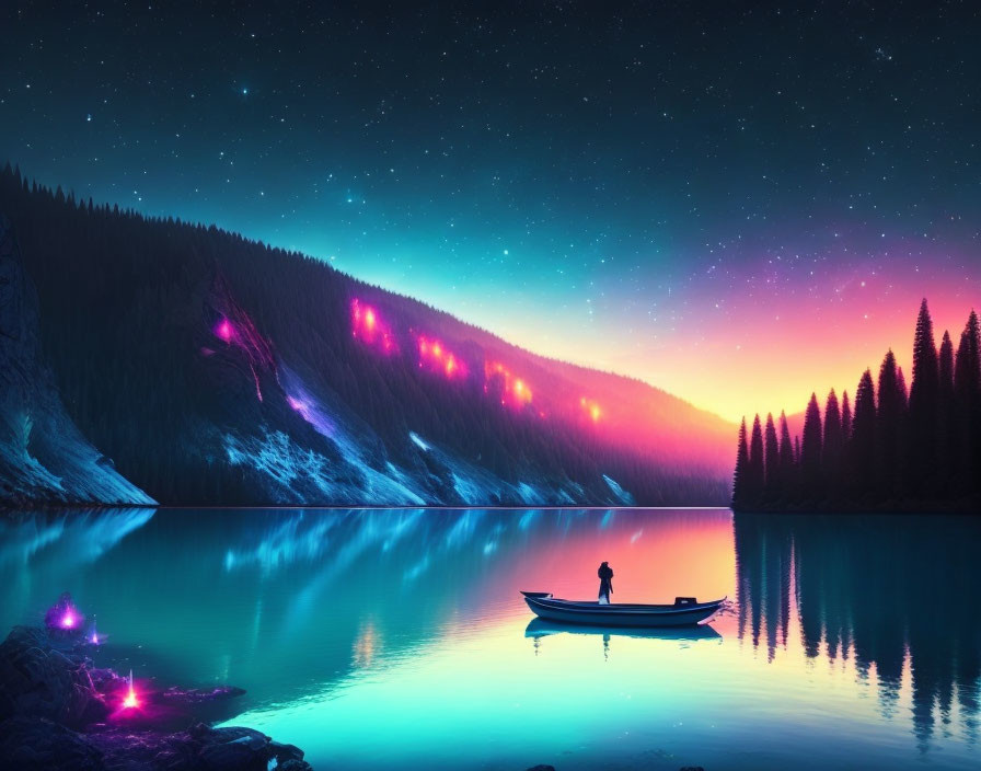 Vibrant sky over serene lake with lone figure in boat