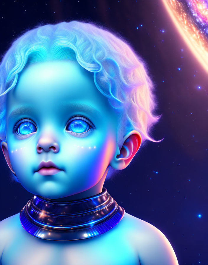 Blue-skinned child in cosmic scene with vibrant eyes