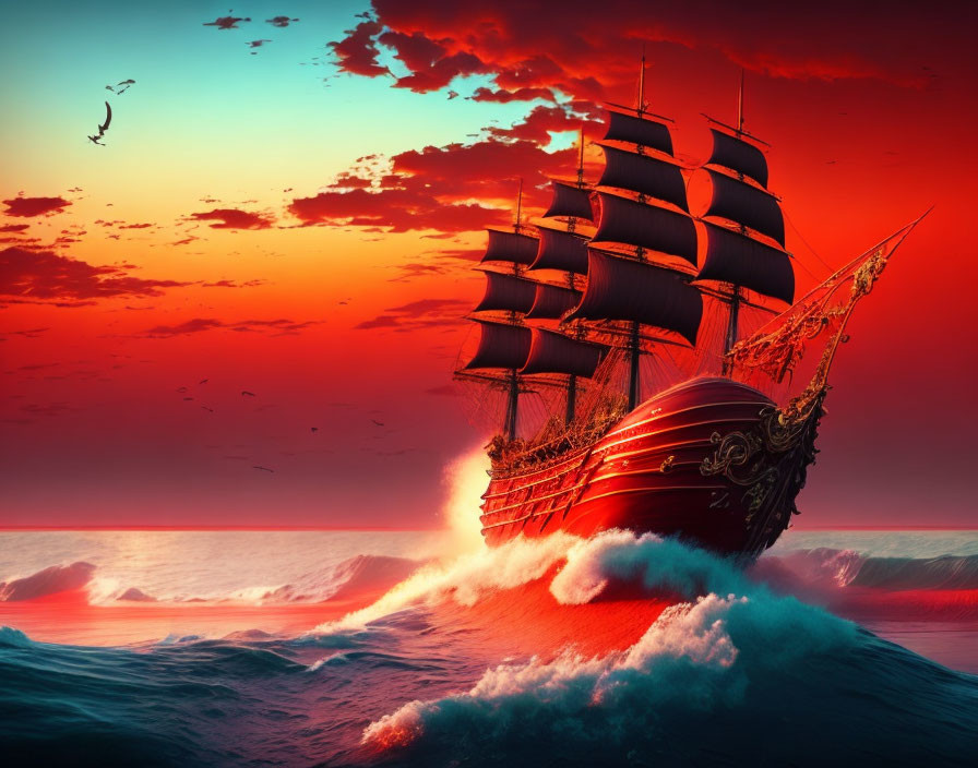 Majestic red-sailed ship on turbulent blue waves at red sunset.