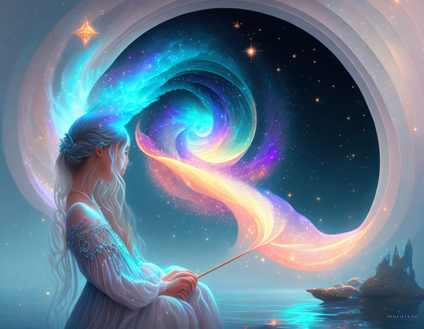 Woman with flowing hair gazes at cosmic swirl holding luminescent feather