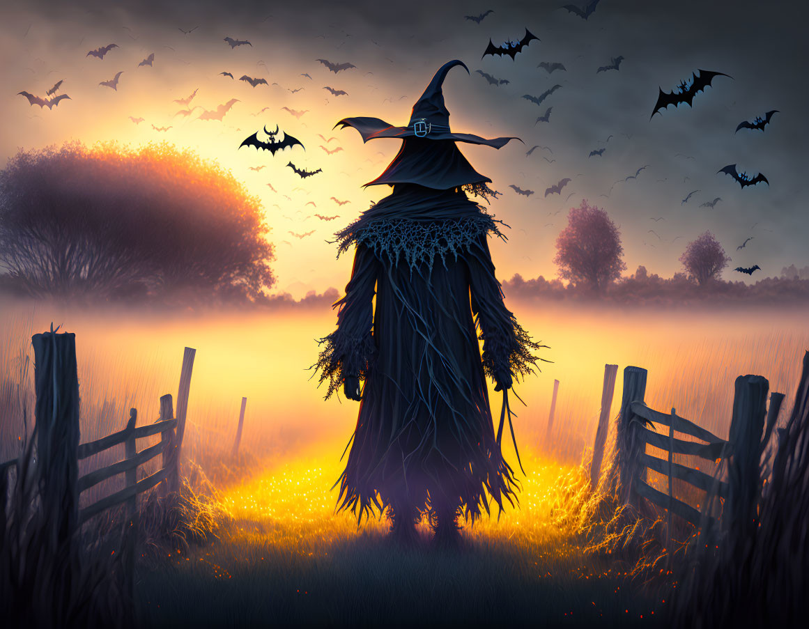 Silhouette of witch at fence with bats in twilight sky and magical glows.