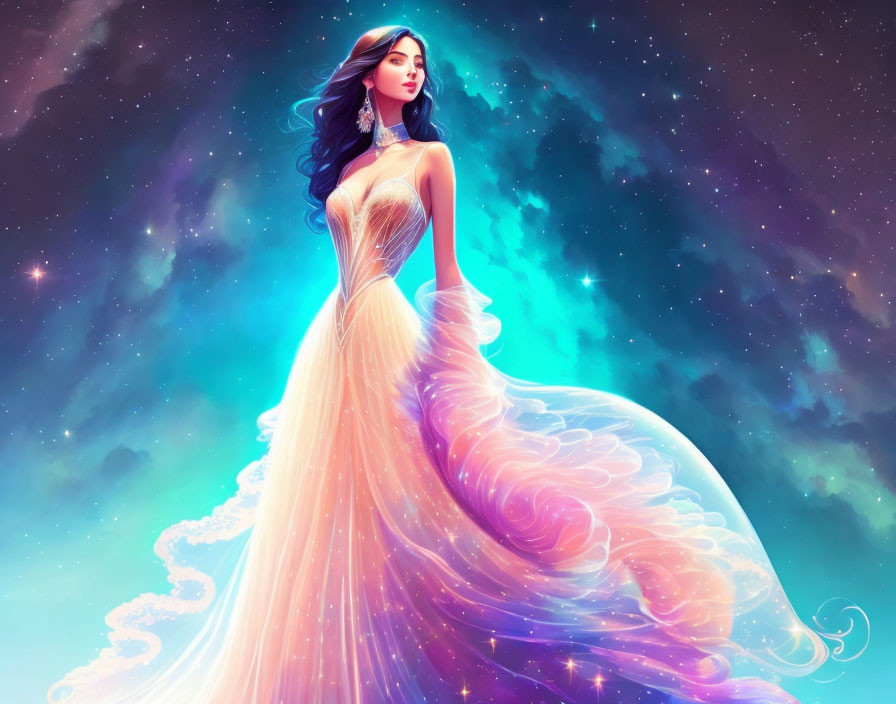 Surreal illustration: Woman with flowing hair, cosmic nebula dress, starry sky.