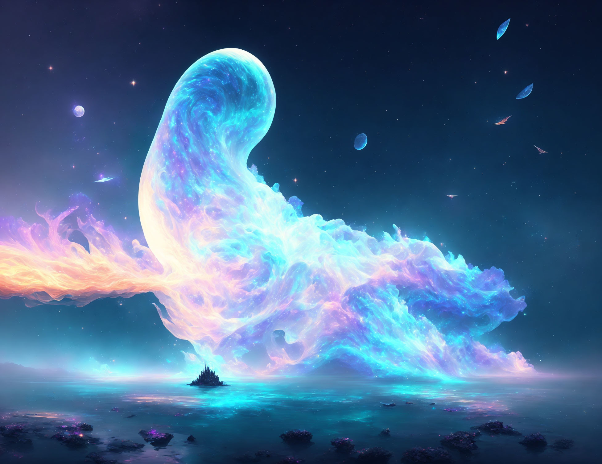 Colorful cosmic scene with nebulous wave, floating rocks, multiple moons & starry sky