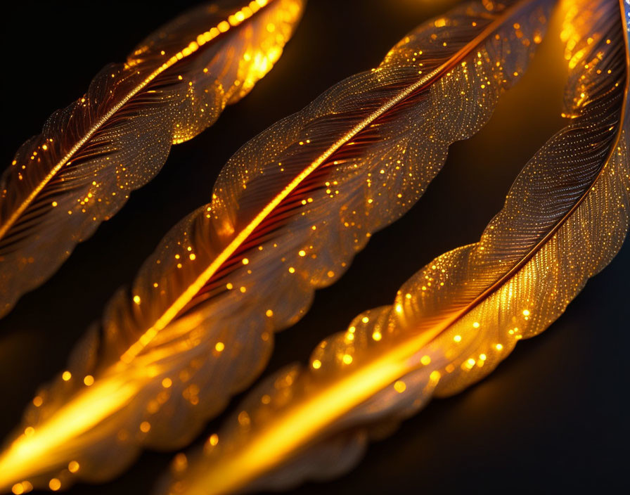 Golden feathers with intricate details on dark background.