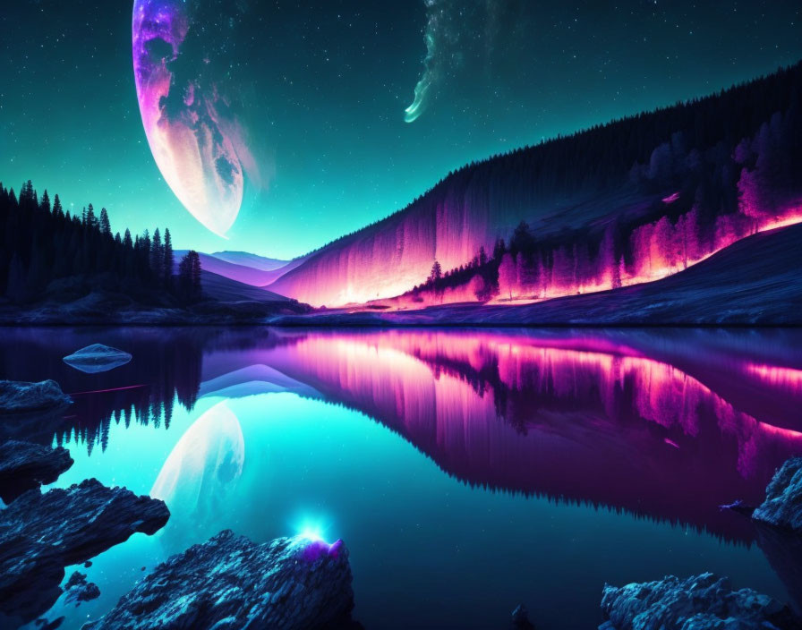 Surreal neon-lit lake in vibrant night landscape