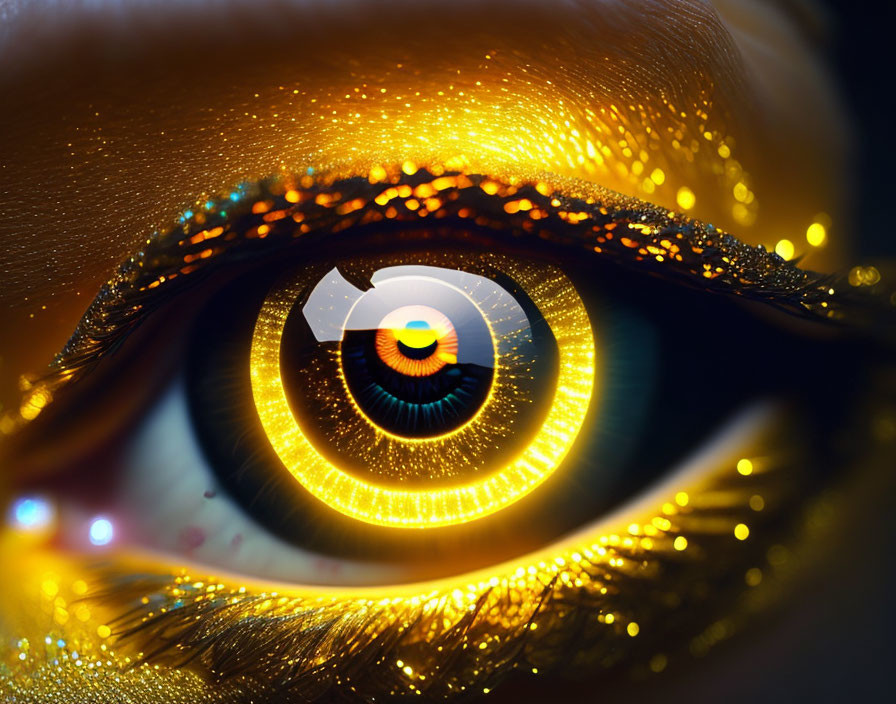 Detailed Close-Up of Human Eye with Golden Glitter and Multi-Colored Iris