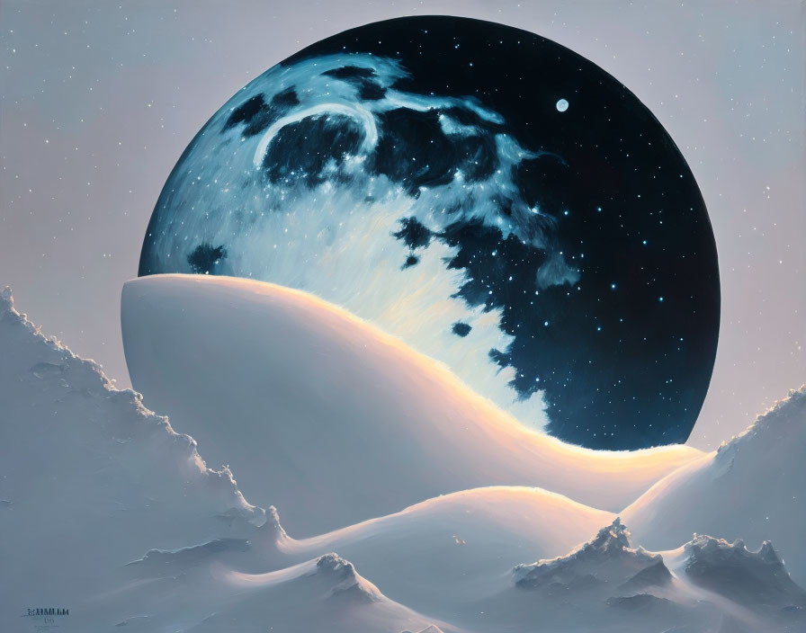 Snow-covered peaks under starry sky with large planet in surreal landscape