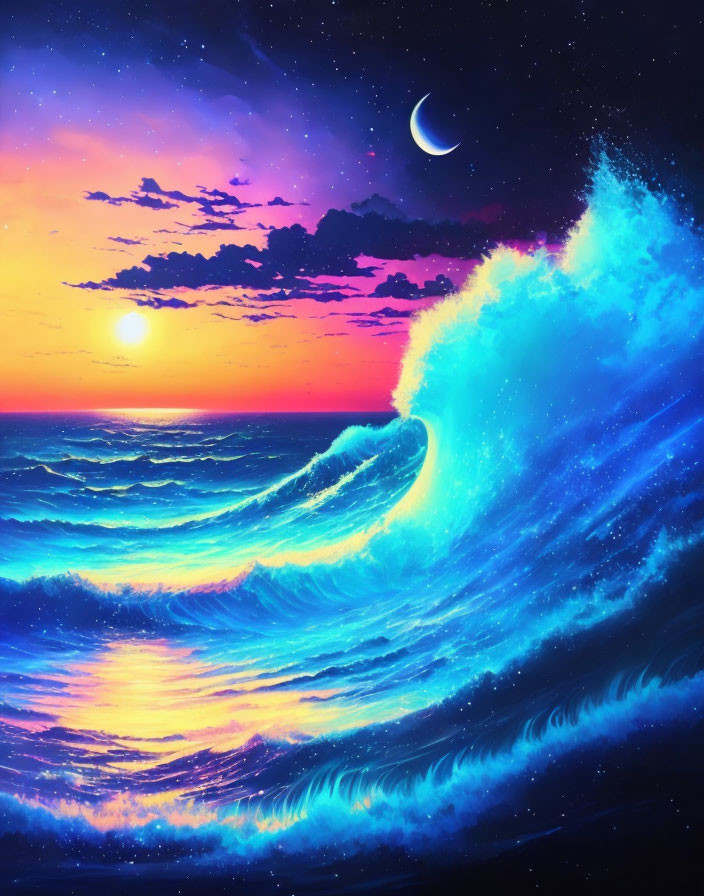 Digital artwork: Colossal wave under starry sky, crescent moon, sunset horizon