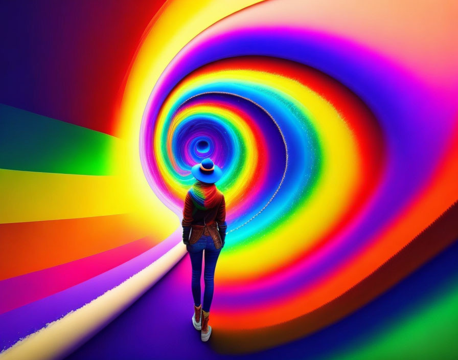 Person walking towards vibrant swirling rainbow vortex on path.