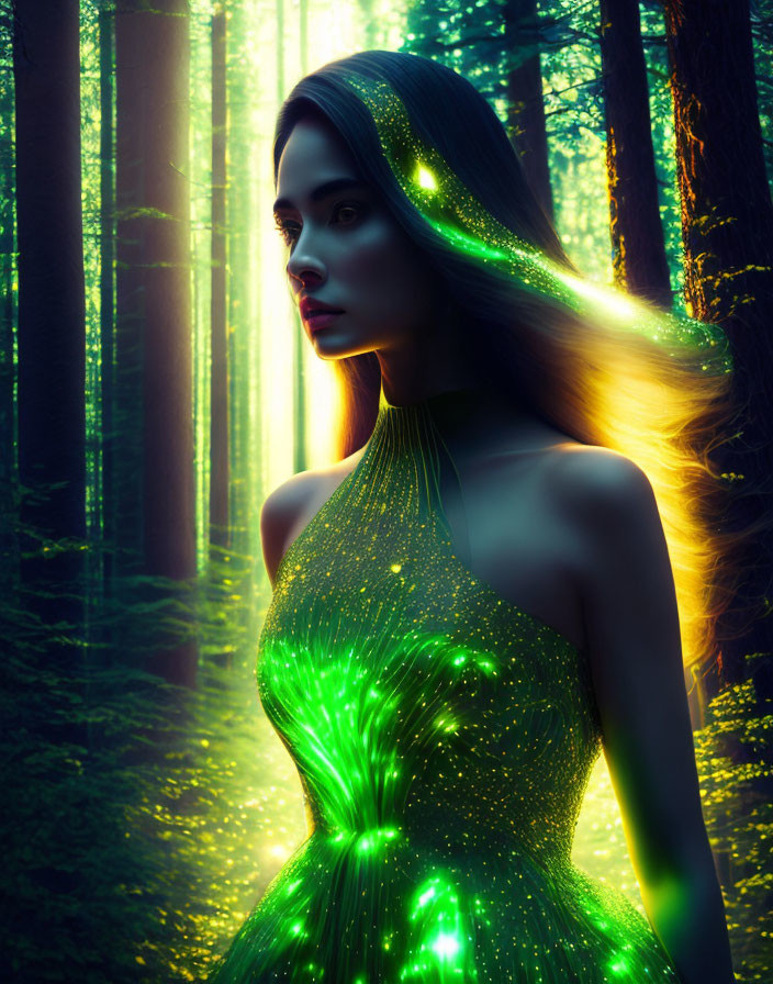 Woman in glowing green dress in ethereal forest with magical sunlight.