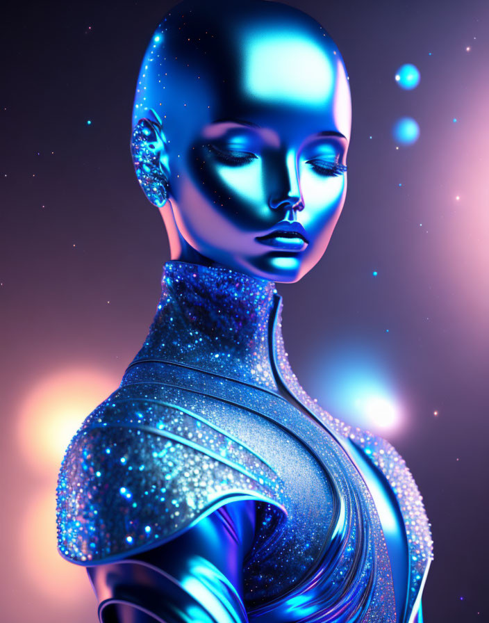 Colorful digital artwork: Blue humanoid figure on purple and orange bokeh.