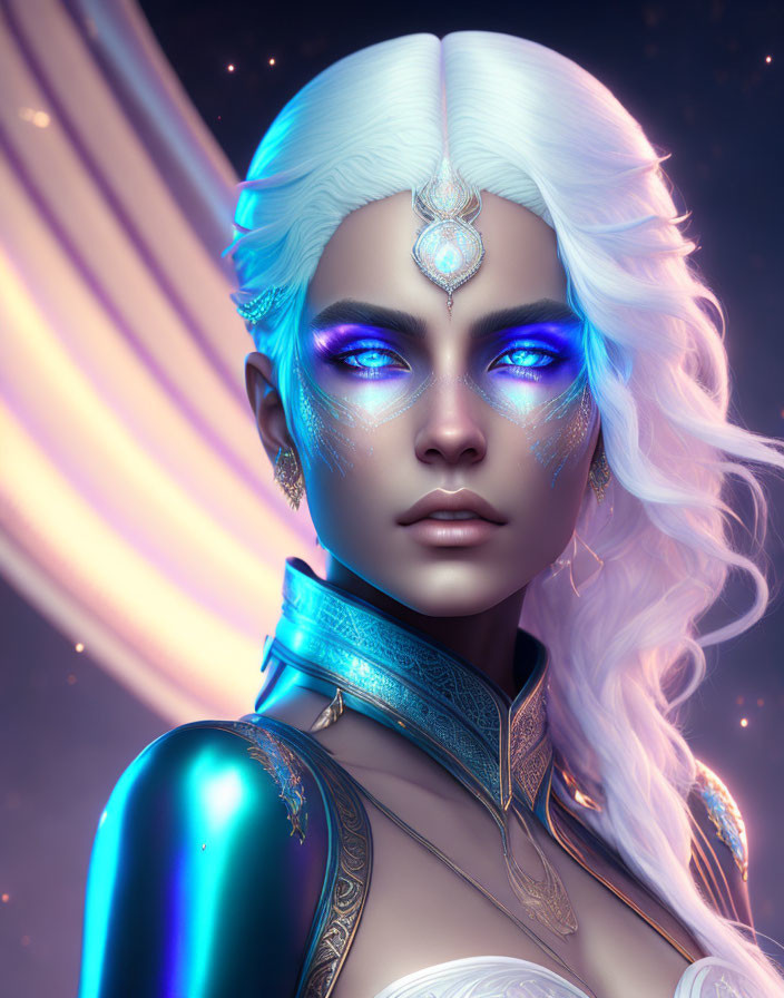 Woman with White Hair and Blue Eyes in Cosmic Setting with Golden Jewelry