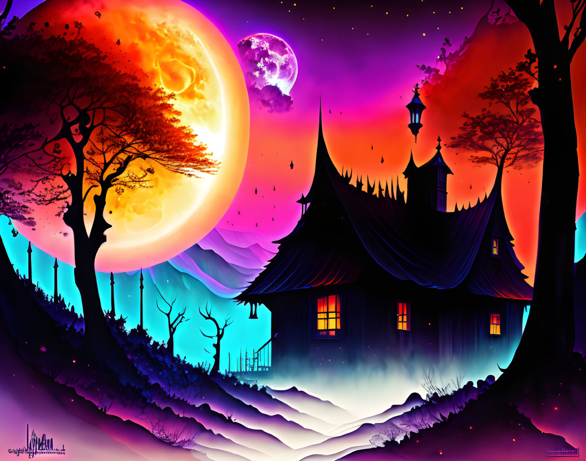 Fantasy landscape with large moon, castle silhouette, and glowing trees