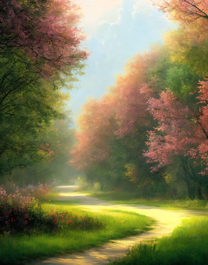 Tranquil Path with Pink Blossoming Trees in Soft Sunlight