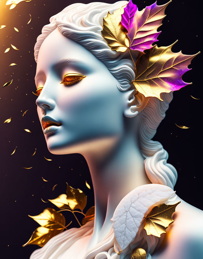 Digital artwork: Woman with alabaster skin, golden eyes, and leaf-adorned hair.