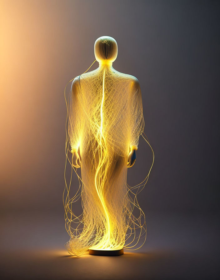 Intricate Wireframe Human Figure Glowing with Golden Light