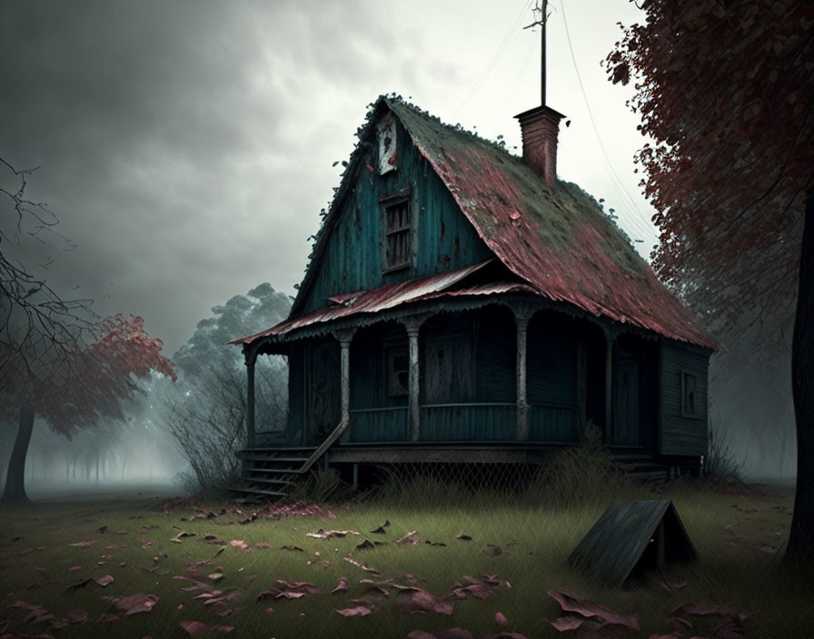 Abandoned House with Peeling Green Paint in Eerie Autumn Setting