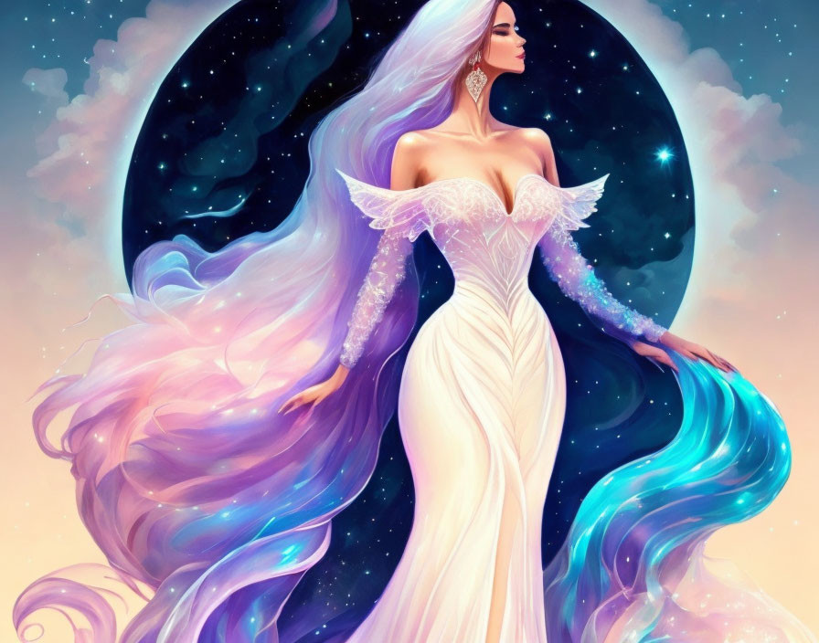 Ethereal woman with flowing purple hair in elegant white gown and lilac accents