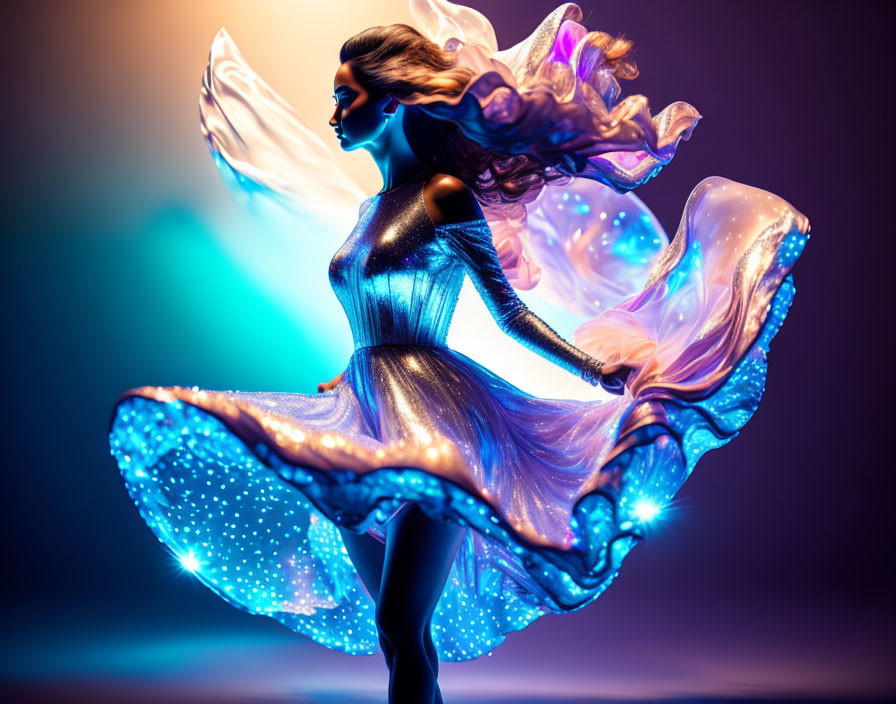 Iridescent woman in metallic dress with wings on purple-blue backdrop