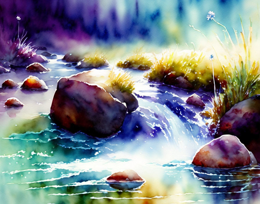 Serene watercolor painting of a stream with rocks and grass