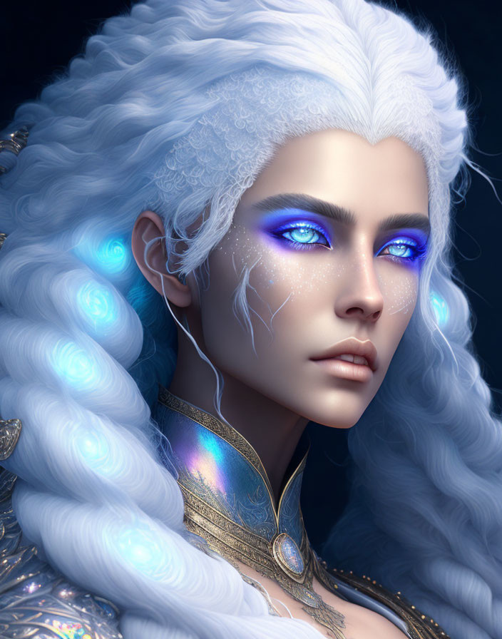 Digital portrait featuring person with blue eyes, pale skin, wavy white hair, and silver-blue armor