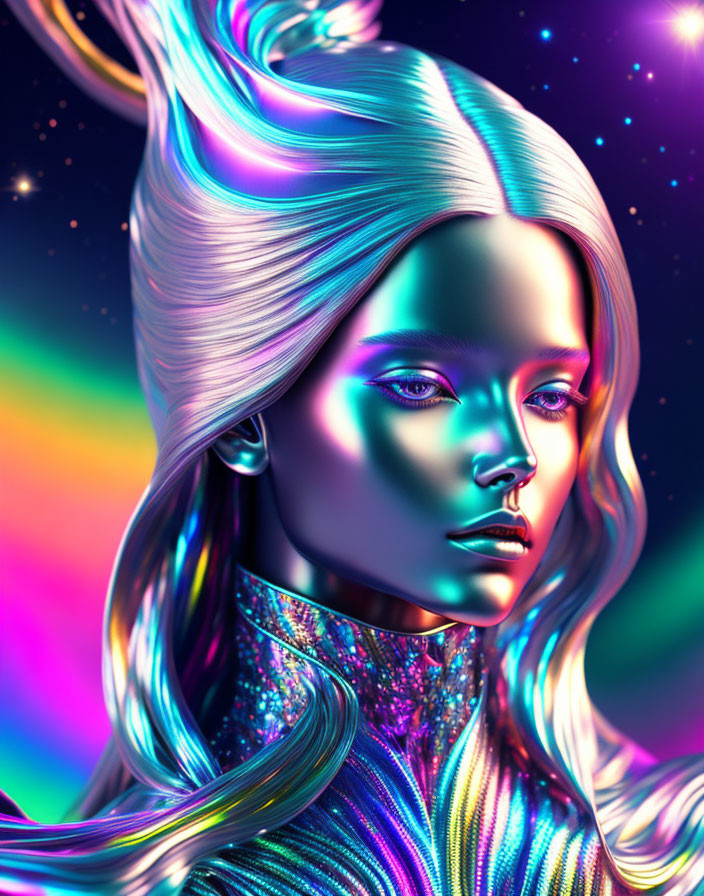 Vibrant digital portrait of woman with metallic skin and colorful hair against starry backdrop