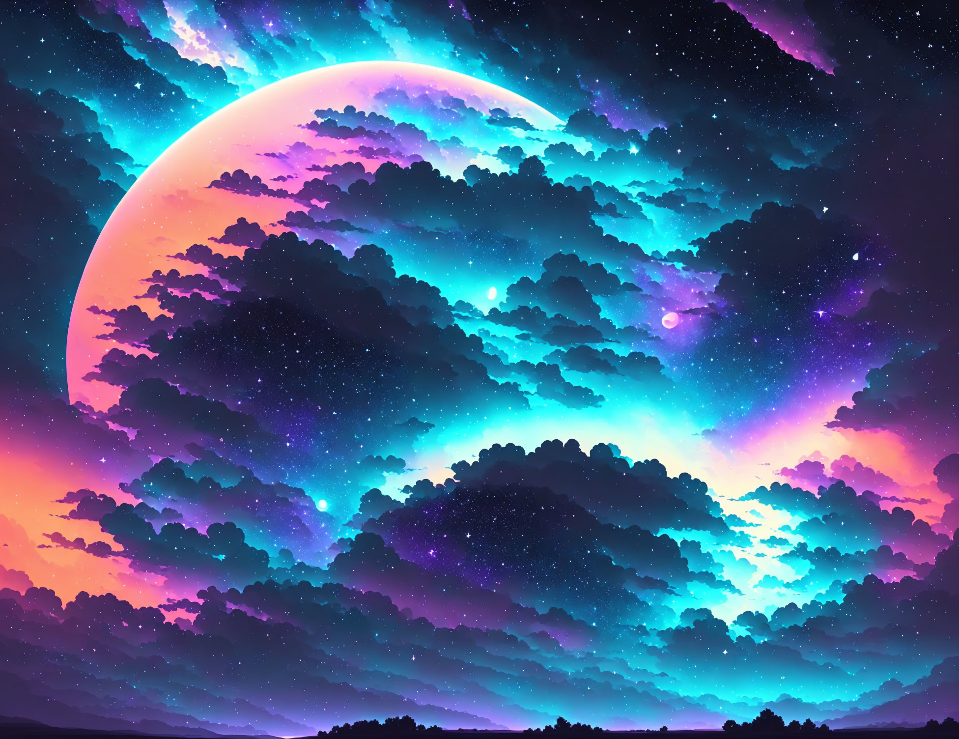 Surreal moon rising in vibrant cosmic scene