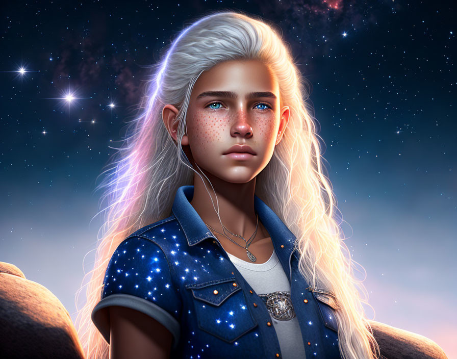 Digital portrait of a person with blue eyes, white hair, freckles, starry denim jacket