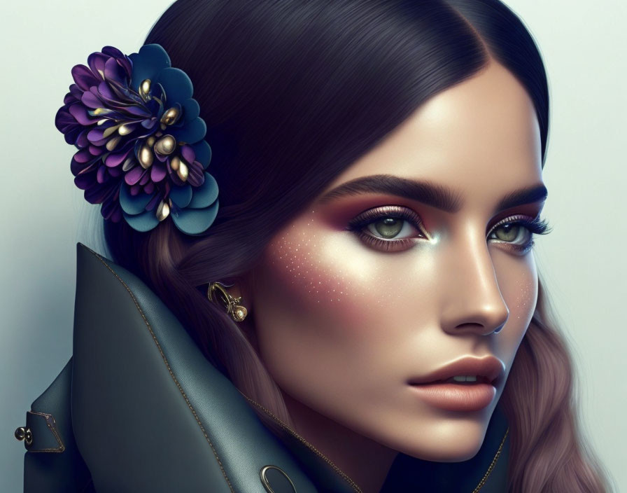 Detailed Illustration: Woman with Glossy Brunette Hair and Purple Flower, Dramatic Makeup, Green