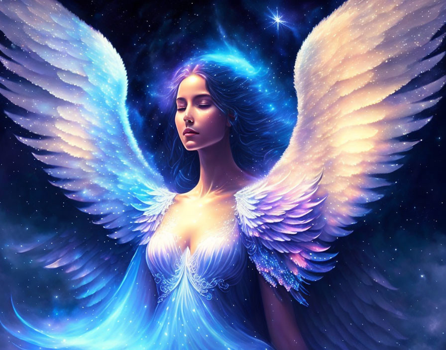 Angelic woman with feathered wings in starry night sky