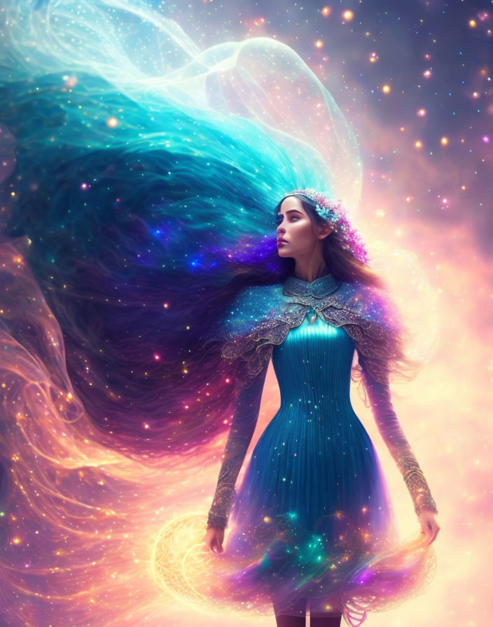 Woman in Sparkling Blue Dress with Cosmic Energy on Starry Background