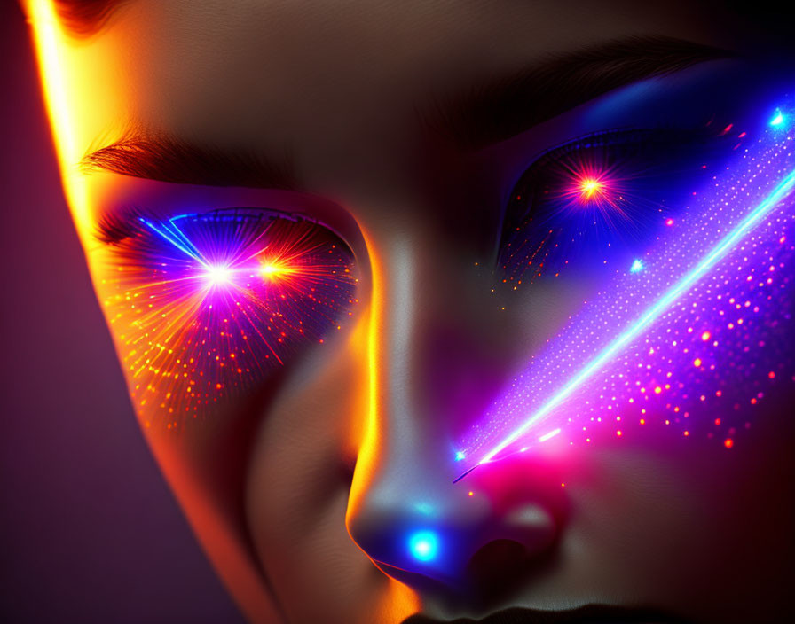 Person's face with neon lights and sparkles for a futuristic look