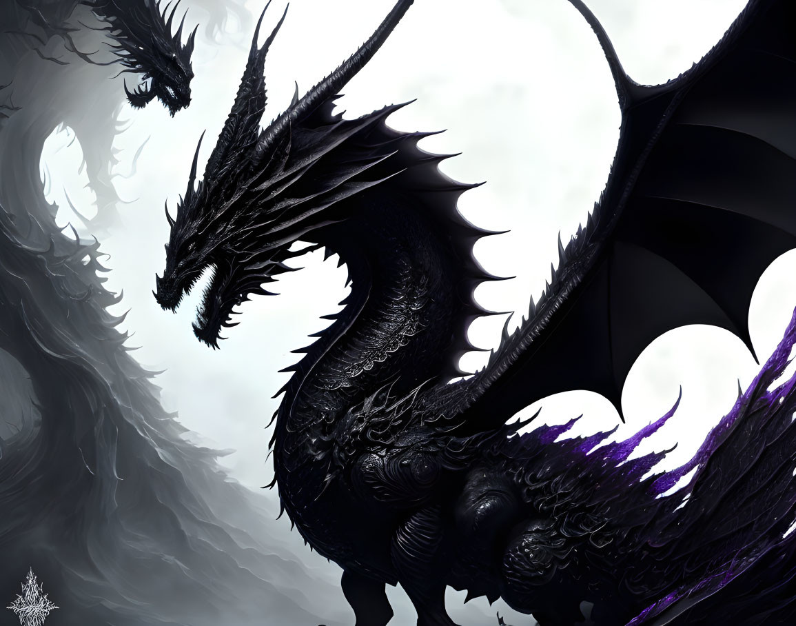 Black Dragon with Expansive Wings and Intricate Scales Roaring in Clouded Monochrome