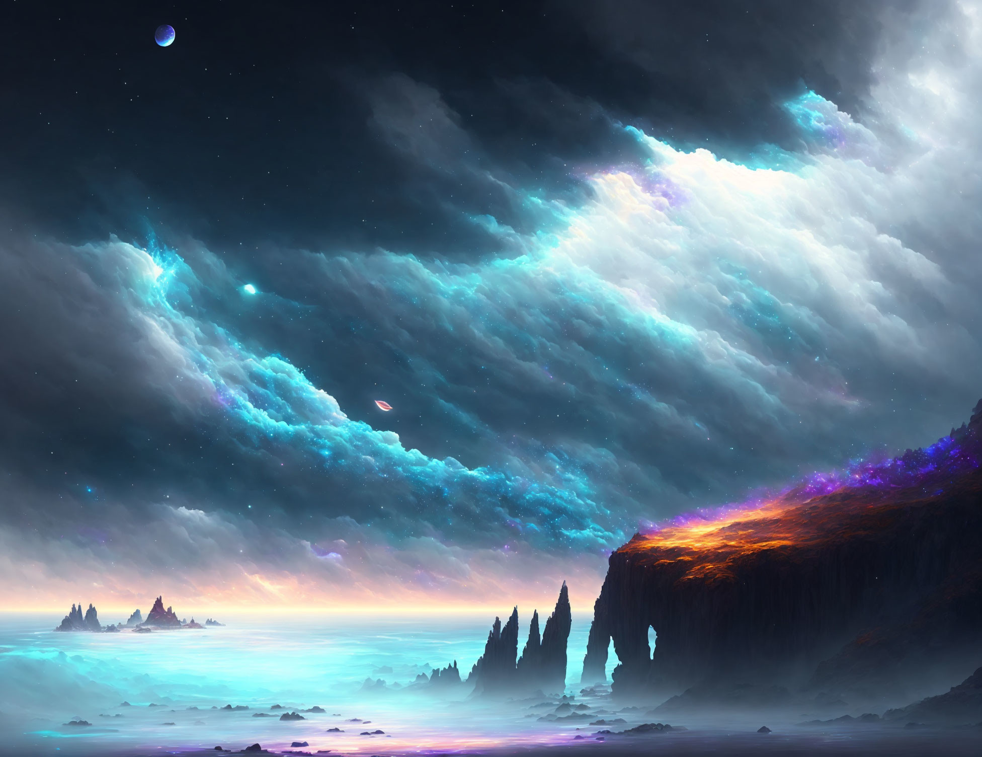 Digital Artwork: Cosmic Night Sky with Alien Landscape