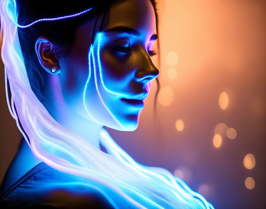 Futuristic neon-lit woman's profile in blue and orange glow