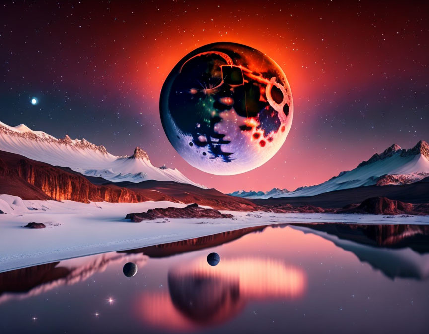 Surreal landscape with planet, moons, starry sky reflected in tranquil lakeside