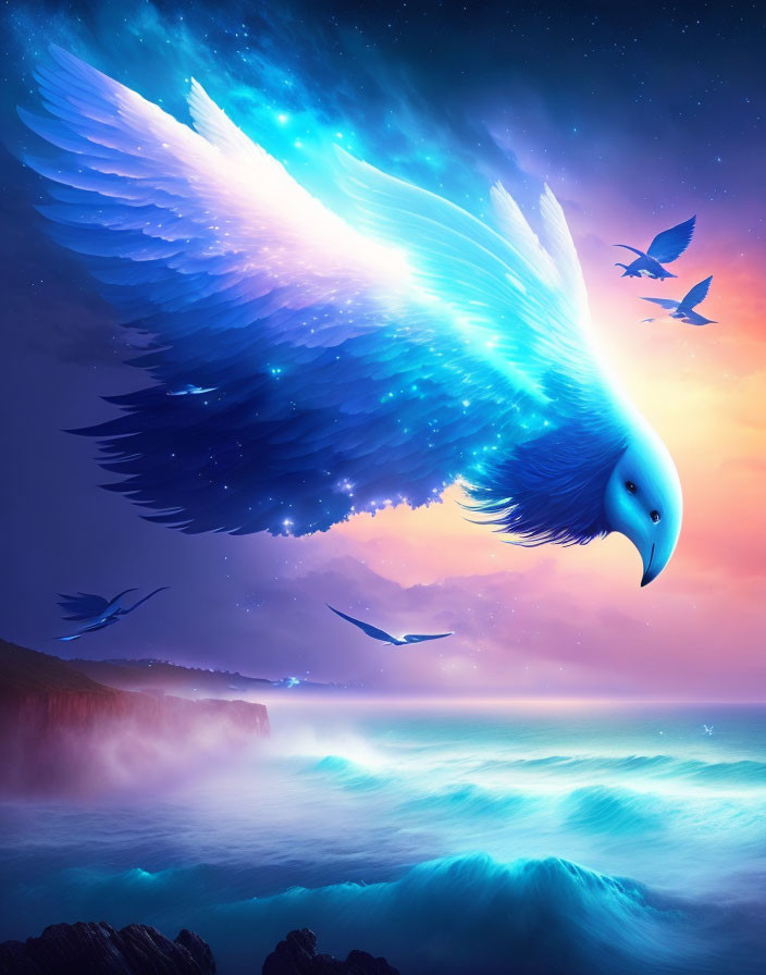 Majestic blue bird flying over serene seascape at twilight