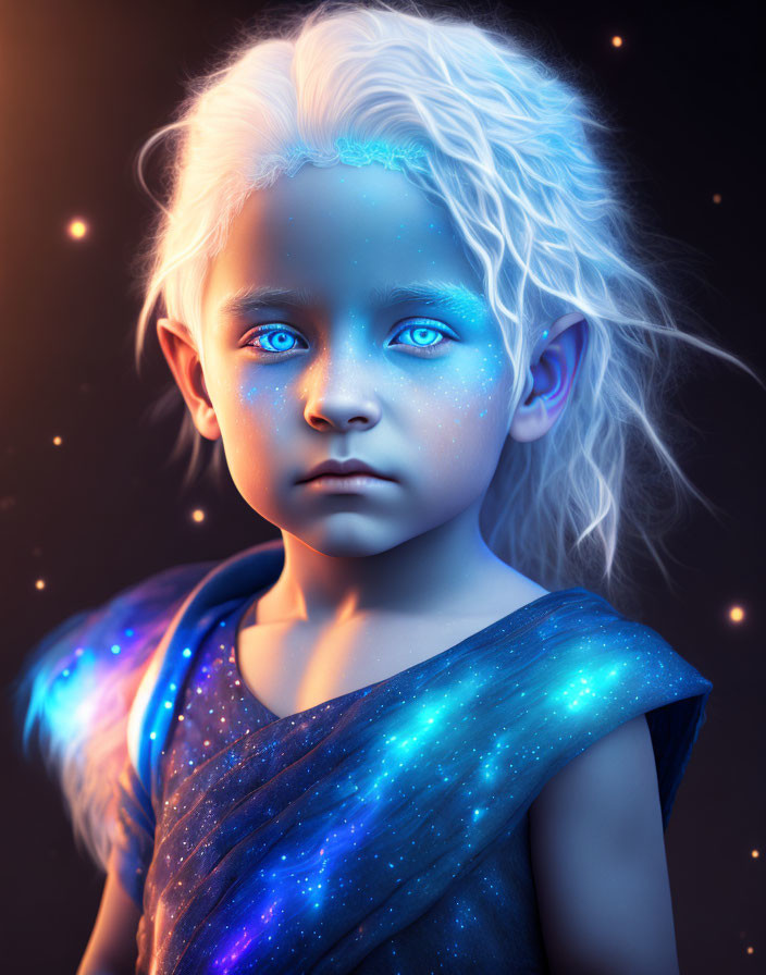 Child portrait with glowing blue eyes and white hair on starry blue garment in dark background