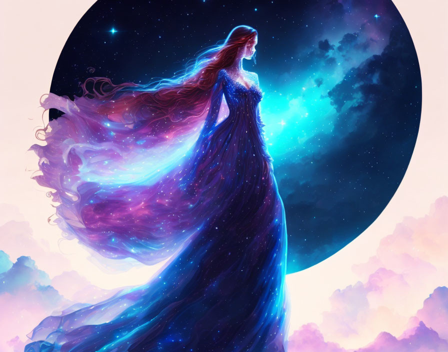 Woman with flowing hair in starry dress under night sky and clouds.