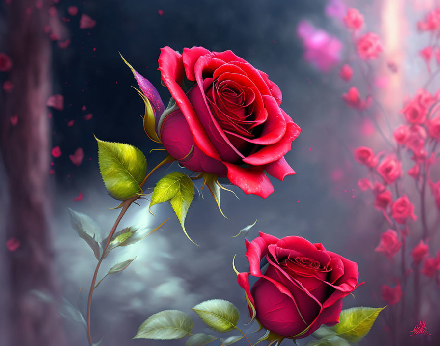 Detailed Digital Art: Vibrant Red Roses on Soft Pink Background