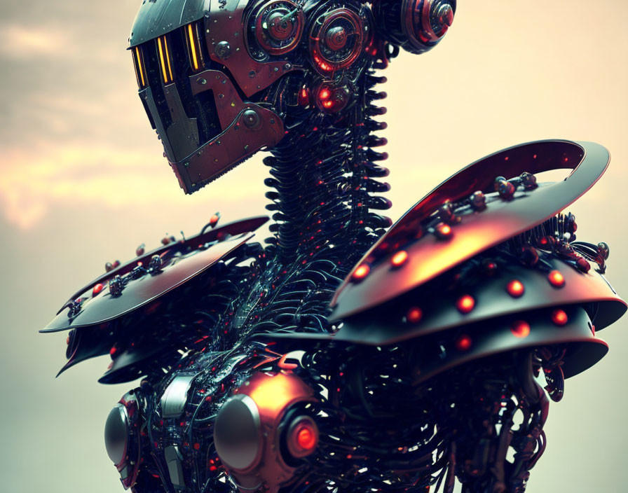 Detailed Robotic Figure with Illuminated Red Elements on Dusky Sky