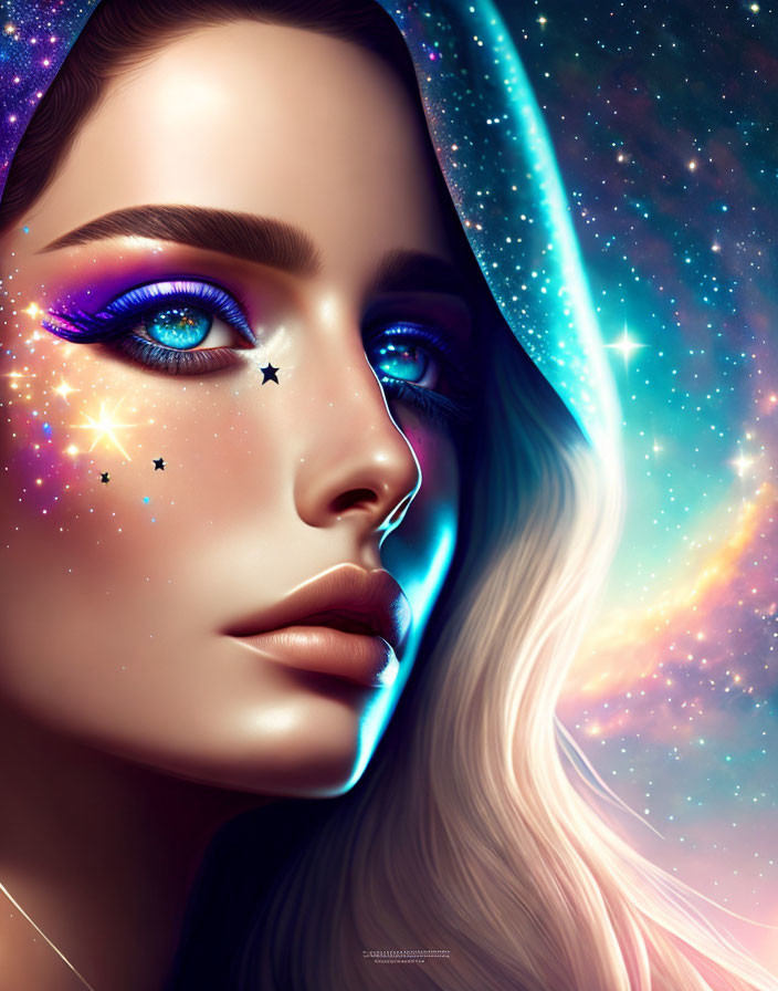 Vibrant cosmic-themed makeup portrait with galaxy background