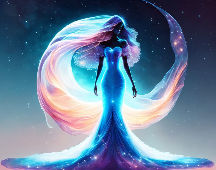 Celestial woman in flowing gown with cosmic backdrop.