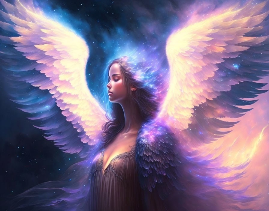 Digital artwork: Ethereal woman with glowing wings in starry night sky