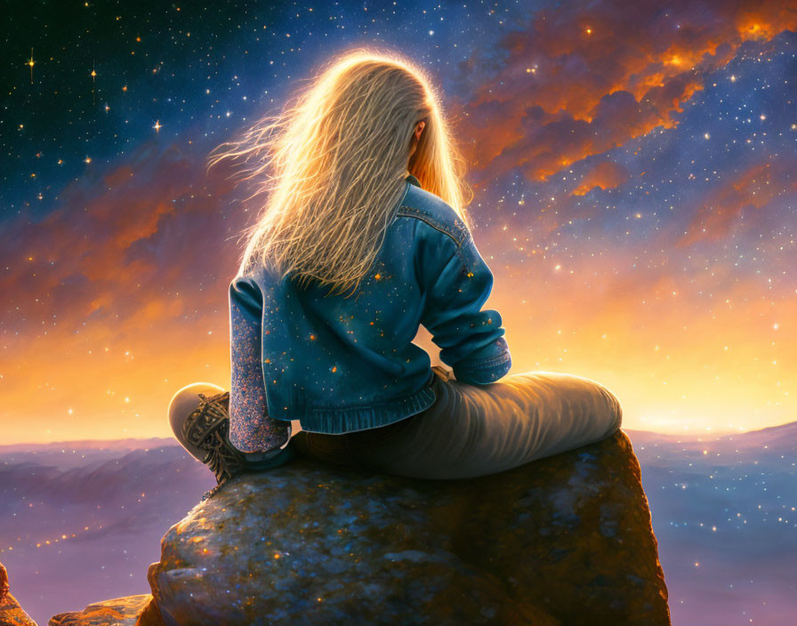 Girl sitting on rock admiring sunset blending into starry night sky with denim jacket mimicking cosmic pattern