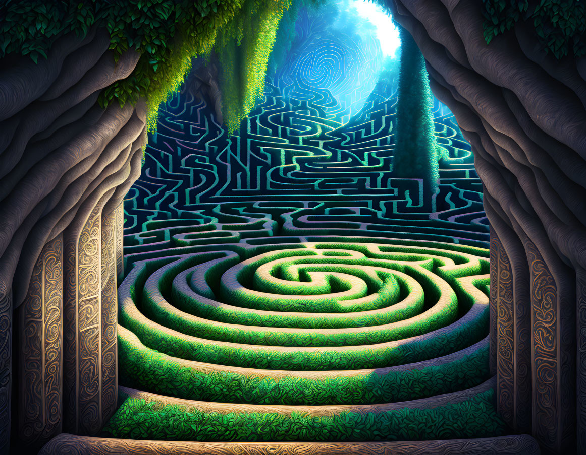 Circular hedge maze in mystical forest under swirling sky