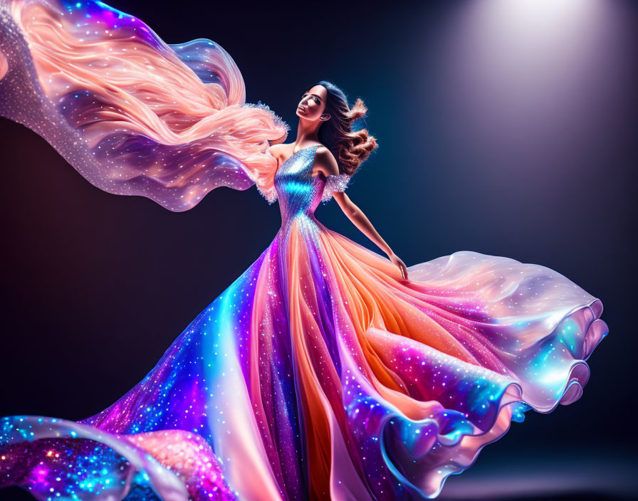 Vibrant woman in galaxy-inspired dress with sparkling stars and billowing hair.