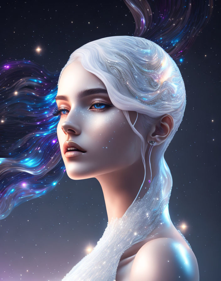 Digital Artwork: Woman with White Hair and Blue Highlights in Celestial Theme